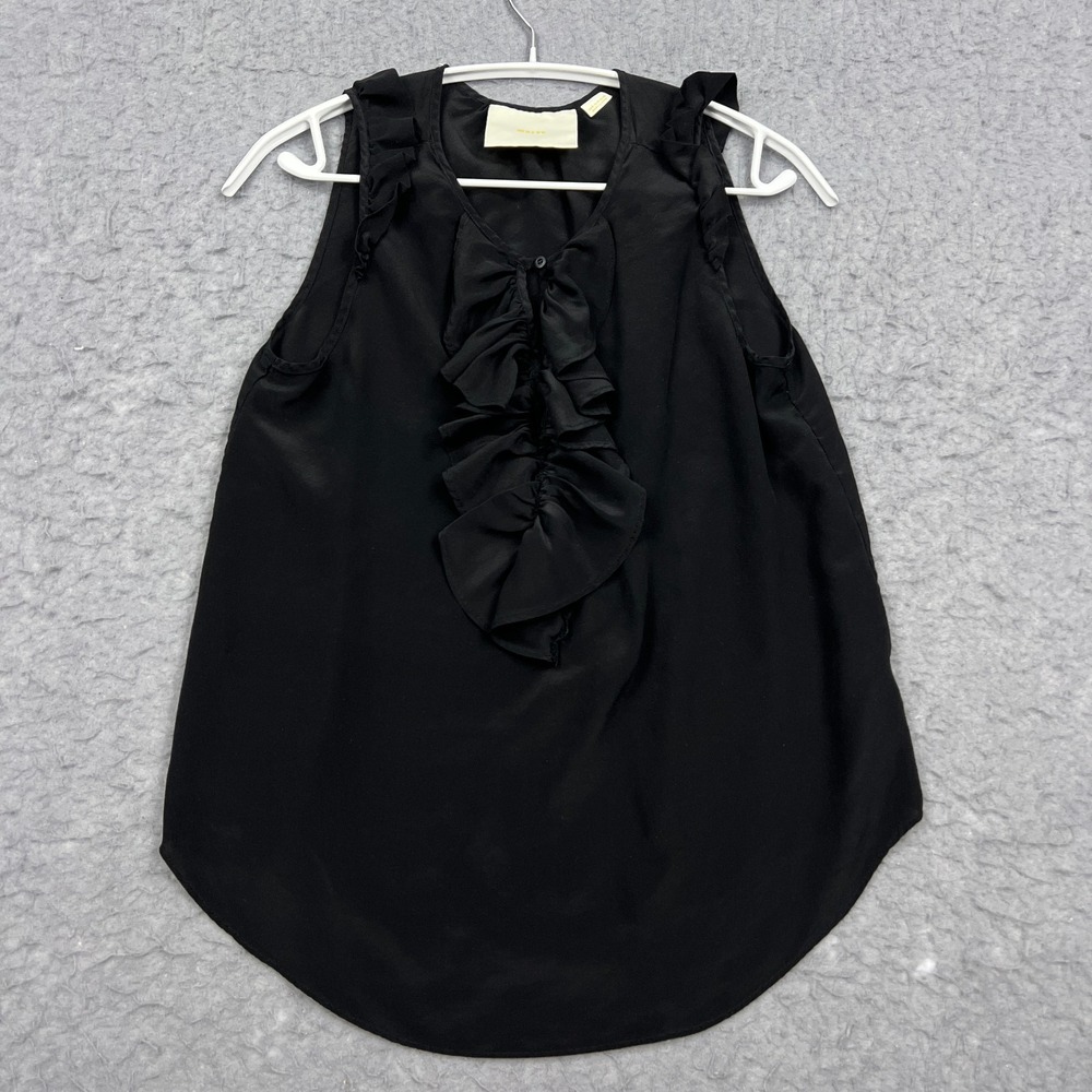 Maeve Ruffle Front Tank Top Women's 6 Black 100% Silk Drape Sleeveless Shirt